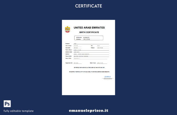 certificato di nascita del documento di stato civile degli Emirati Arabi Uniti i